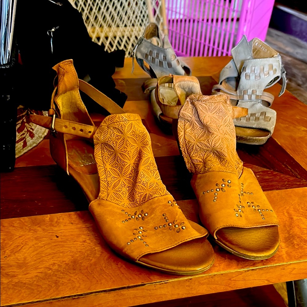 Miz Mooz Tan Sandals with Laser-Cut Design